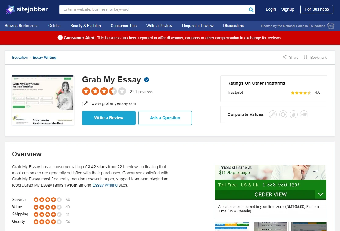 GrabMyEssay reviews on Sitejabber